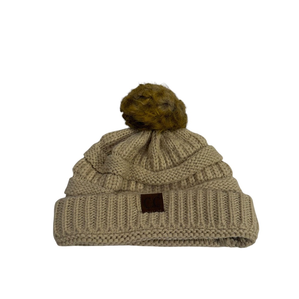 CC Beanie Womens Cable Knit Pom Pom Hat Tan Beige Faux Fur Winter Cap